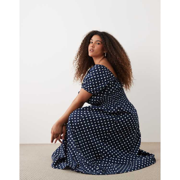 navy blue polka dot dress plus size Women's Short Sleeve Polka Dot Loose Round Neck Swing Long Dress Plus Size