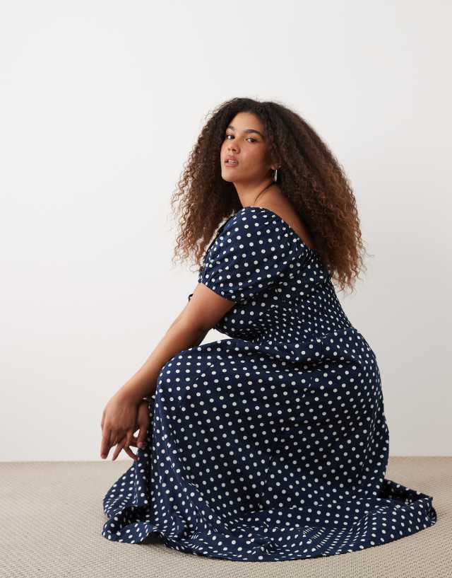 plus size beach dress with sleeves Esmée Curve tie front puff sleeve maxi in navy polka dot style_casual beaded tassel details and Buy Navy Blue Floral Size:9.5-10 | 40.5