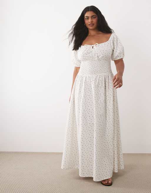 Esmee Curve tie front puff sleeve maxi dress in white ditsy floral, 2 of 4