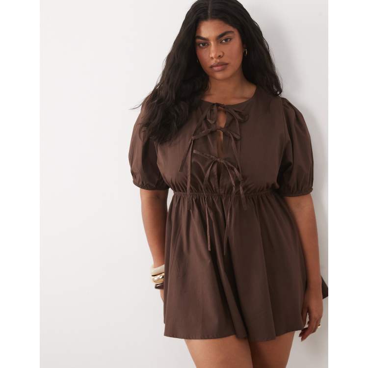 Esmee Curve tie front puff sleeve mini Beach dress in chocolate brown