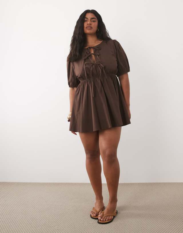 brown puff sleeve dress Esmee Curve tie front mini beach in chocolate The zip