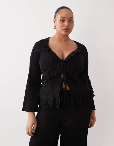Esmee Curve tie front ruffle trim beach top in black