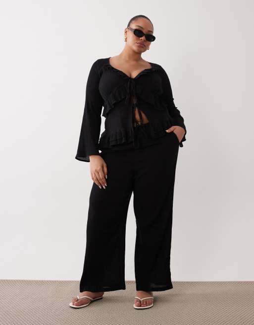 Esmee Curve tie front ruffle trim beach top in black, 2 of 4