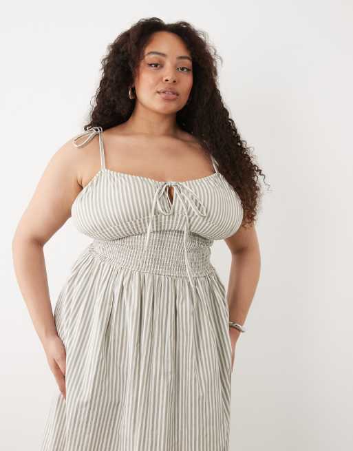 Esmee Curve tie strap shirred beach maxi dress in beige & white stripe, 3 of 4