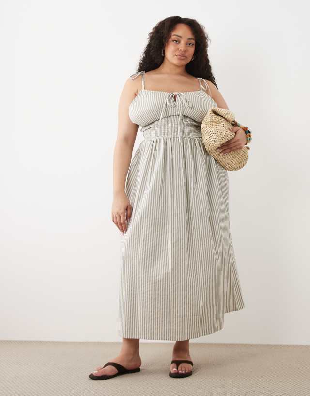 Esmée Curve tie strap shirred beach maxi dress in beige & white stripes