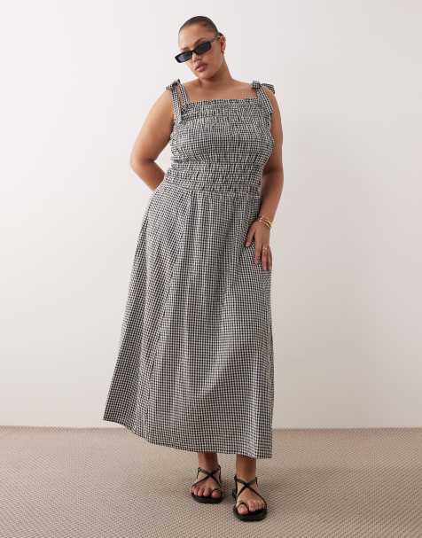 Esmee Curve tie strap shirred maxi beach dress in black & white gingham - view 1