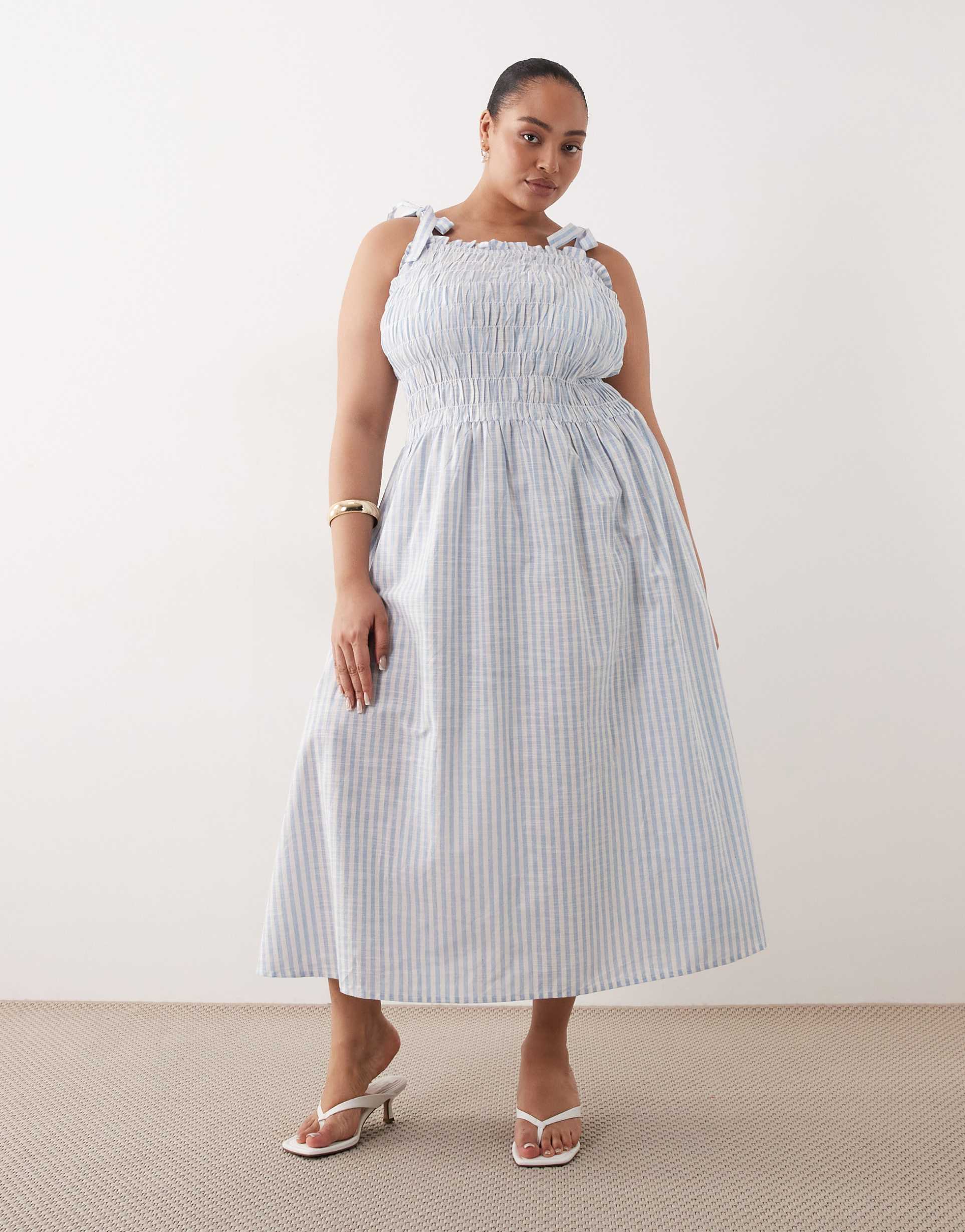 esmée curve tie strap shirred maxi beach dress in blue & white stripe