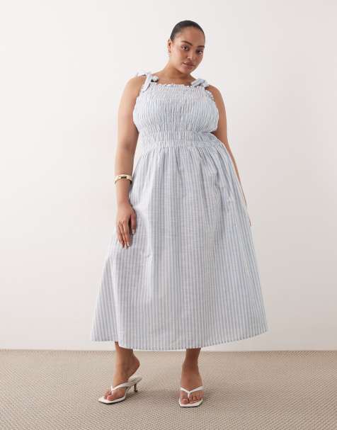 Esmee Curve tie strap shirred maxi beach dress in blue & white stripe