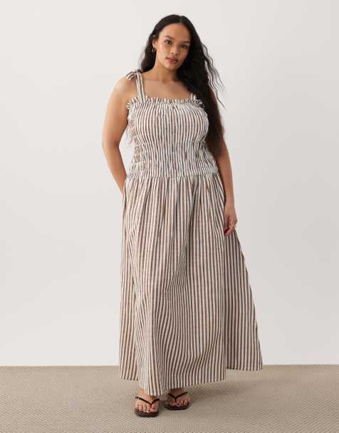 Esmee Curve tie strap shirred maxi beach dress in brown & white stripe - view 1