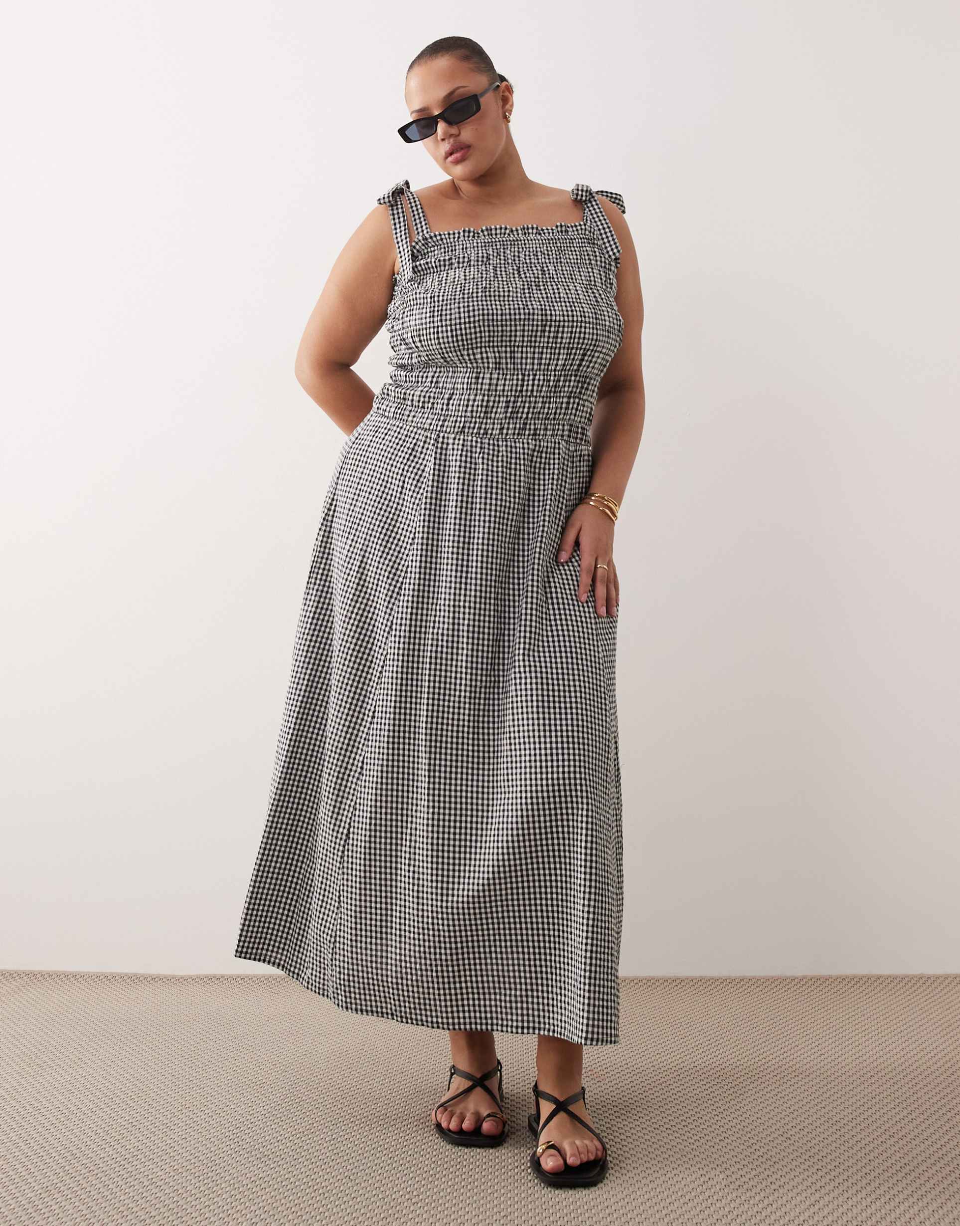 esmee curve tie straps shirred beach maxi dress in black & white gingham