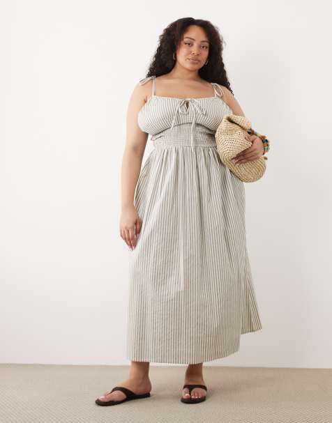 Esmee Curve - Vestido playero largo a rayas beis y blancas fruncido con tirantes anudados - view 1