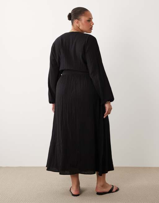 Esmée Curve - Vestito da mare lungo a maniche lunghe a portafoglio nero, 4 di 4