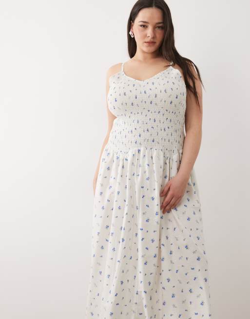 Esmée Curve - Vestito da mare lungo arricciato con vita scesa a fiorellini blu, 2 di 4
