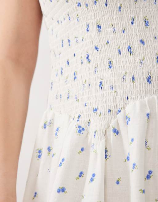 Esmée Curve - Vestito da mare lungo arricciato con vita scesa a fiorellini blu, 3 di 4