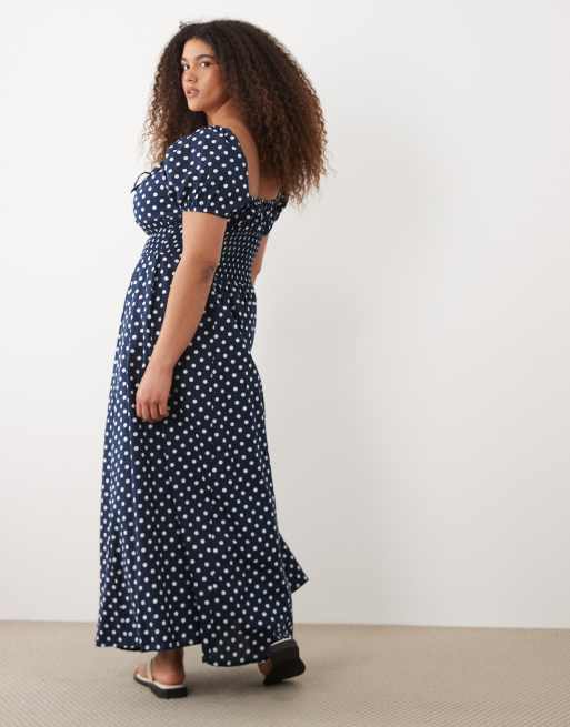 Esmée Curve - Vestito da mare lungo blu navy a pois con maniche a sbuffo e allacciatura sul davanti, 4 di 4