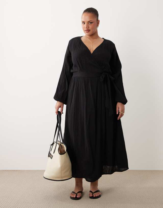 Esmee Curve wrap front long sleeve maxi beach dress in black
