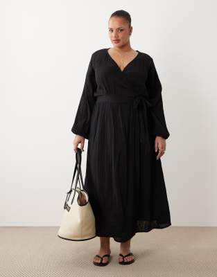 Esme Curve wrap front long sleeve midaxi beach dress in black | ASOS