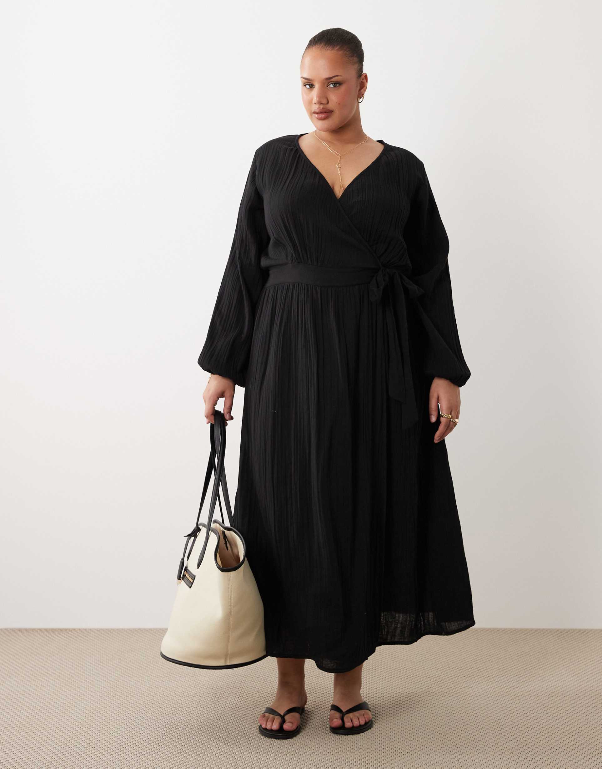 esmée curve wrap front long sleeve midaxi beach dress in black