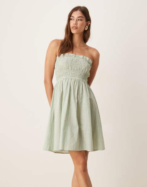 Esmee Exclusive bandeau shirred detail mini beach dress in green stripe - view 1