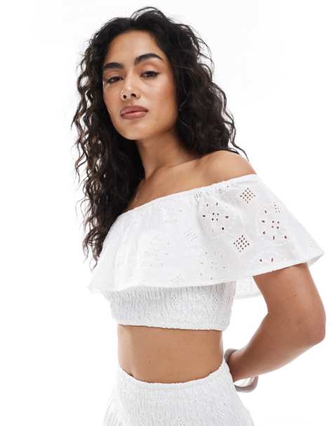 Esmee Exclusive bardot broderie beach crop top in white - view 1