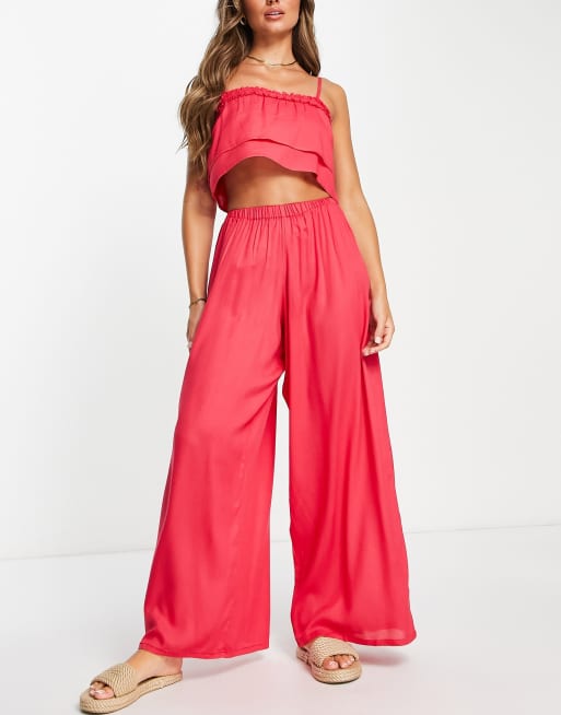 Esmee Exclusive beach co-ord layered frill strappy crop top in watermelon - RED, 2 of 2