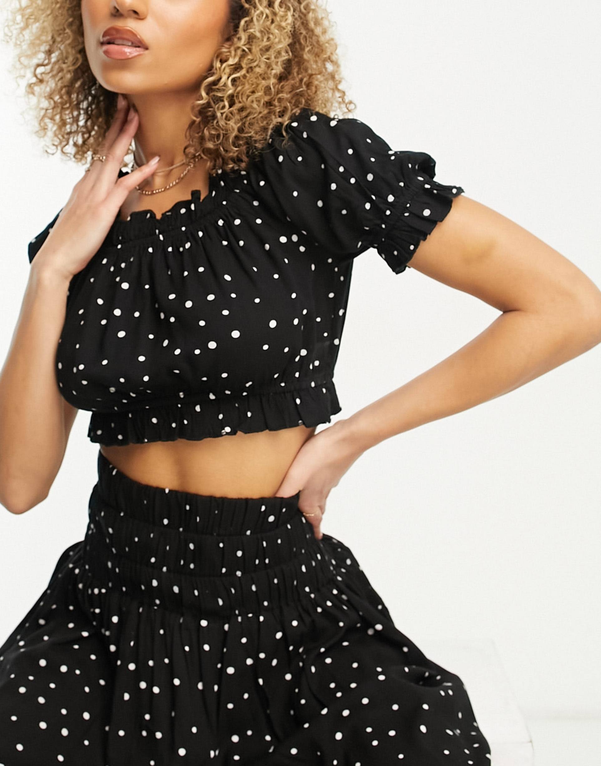 esmee exclusive beach crop top in black polka dot - part of a set