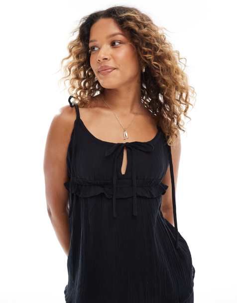 Esmee Exclusive beach crop top with tie straps and bow detail in black - part of a set - view 1