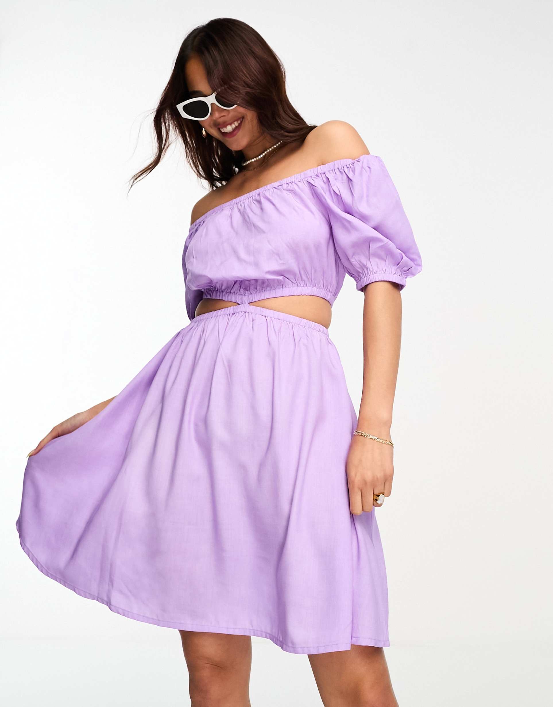 esmee exclusive beach cut out mini summer dress with shirred bodice in lilac