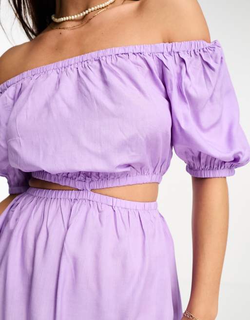 Esmee Exclusive beach cut out mini summer dress with shirred bodice in lilac , 3 of 4
