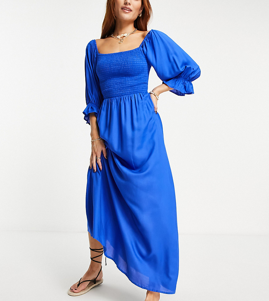 Esmee Exclusive beach extreme sleeve maxi dress with shirred bodice in cobalt blue