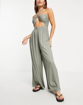 Esmee Exclusive beach halter jumpsuit with shirred back in aloe