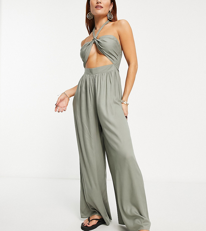 Esmee Exclusive beach halter jumpsuit with shirred back in aloe-Green