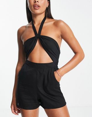 Esmee Exclusive beach halter playsuit with shirred back in black