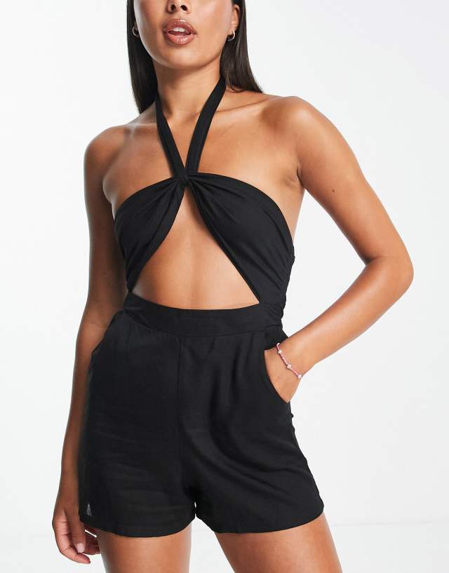 Esmee Exclusive beach halter romper with shirred back in black