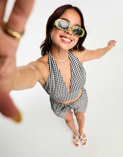 Esmee Exclusive beach halter top co-ord in black and white gingham