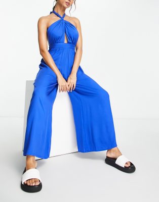 Esmee Exclusive beach jumpsuit with cross over halter detail in cobalt blue