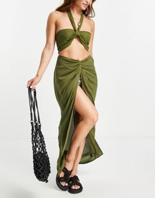 Esmee Exclusive beach knot skirt in khaki - ASOS Price Checker
