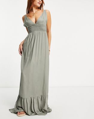 Esmee Exclusive beach large shirred waist maxi dress in aloe - ASOS Price Checker