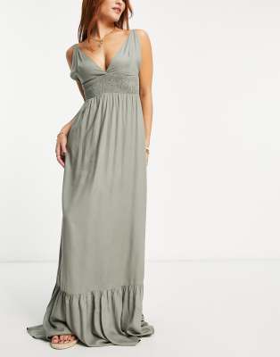 Esmee Exclusive beach large shirred waist maxi dress in aloe-Green