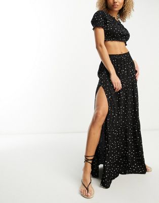 Esmee Exclusive beach maxi skirt co-ord with high split in black polka dot