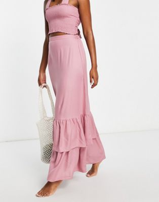 Esmee Exclusive beach maxi skirt with double frill hem co-ord in dusty rose