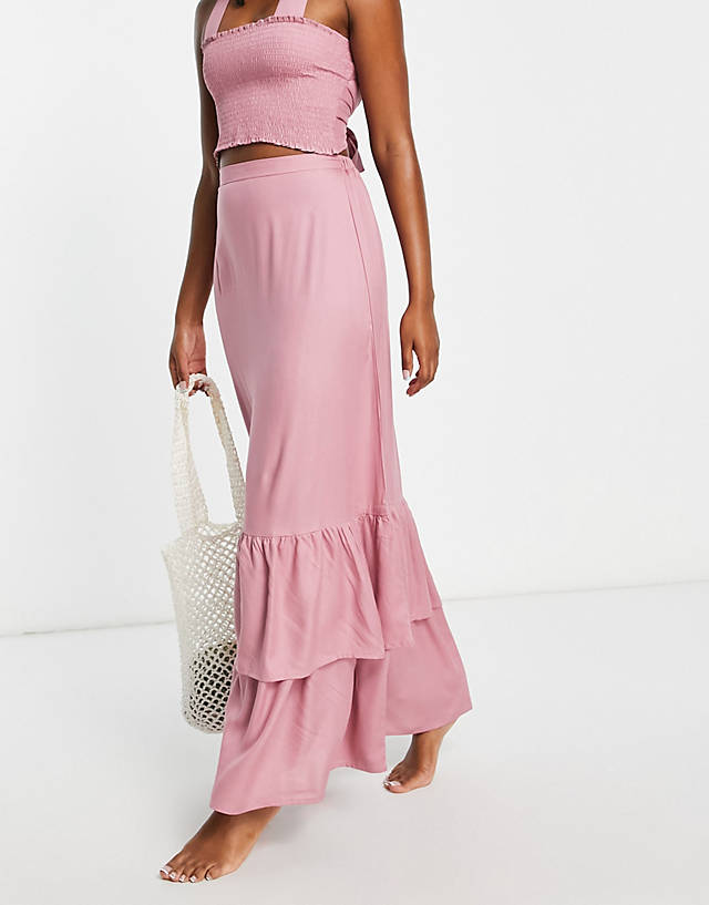 Esmée - Esmee Exclusive beach maxi skirt with double frill hem co-ord in dusty rose