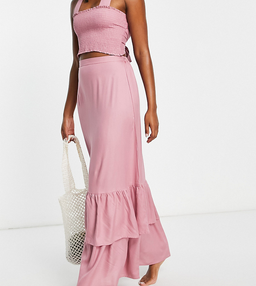 Esmée Esmee Exclusive beach maxi skirt with double frill hem in dusty rose - part of a set-Pink