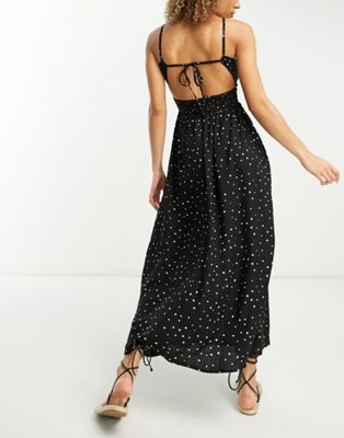 Esmee Exclusive beach maxi summer dress with large shirred bodice in black polka dot  - ASOS Price Checker