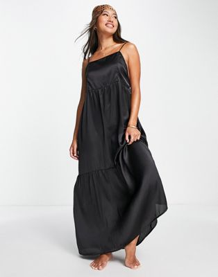 Esmee Exclusive beach maxi tiered summer dress with low back in black