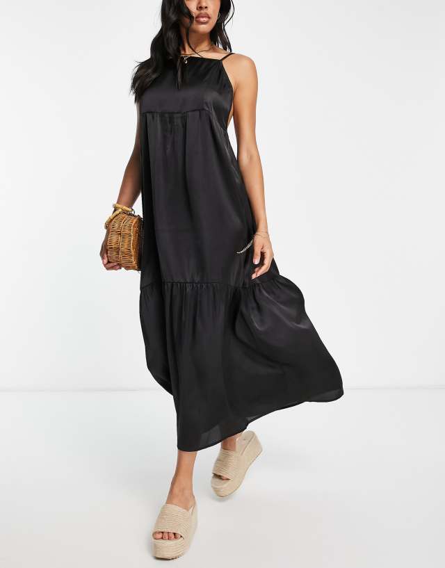 Esmee Exclusive beach maxi tiered dress with low back in black