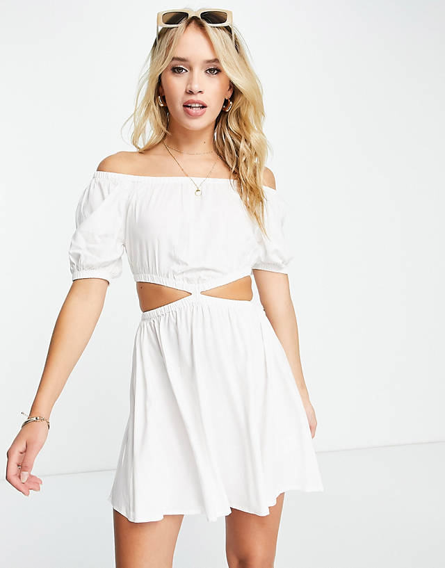 Esmée - Esmee Exclusive beach off shoulder mini summer dress with cut out detail at waist in white