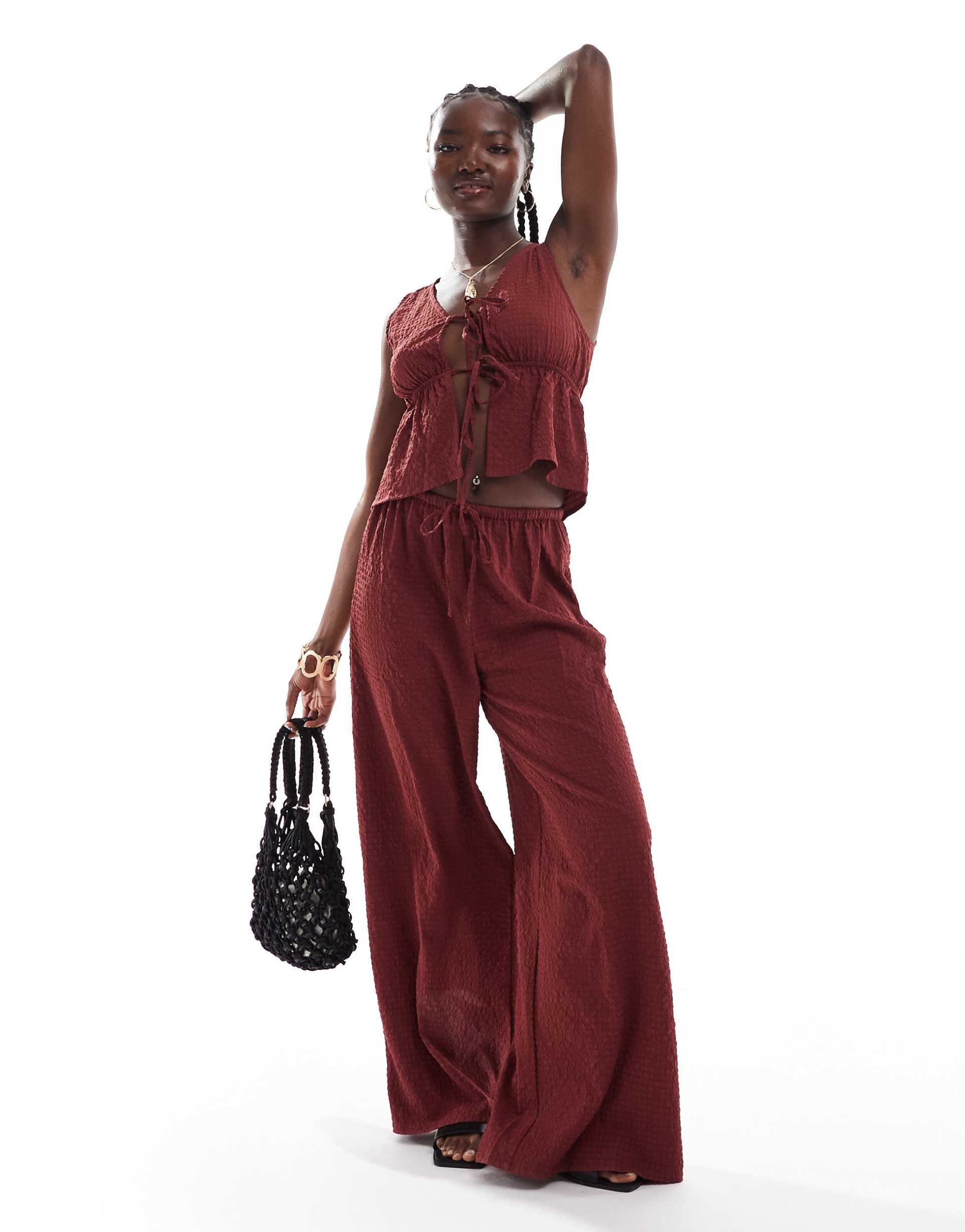 esmee exclusive beach pants in textured cherry red - part of a set