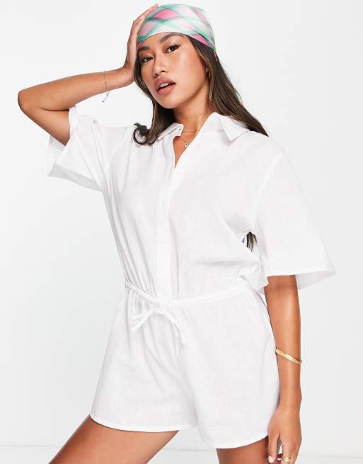 Esmee Exclusive beach romper with elasticated drawstring waist in white