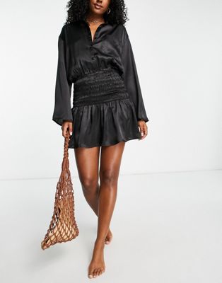 Esmee Exclusive beach shirt summer dress with large shirring at waist in black